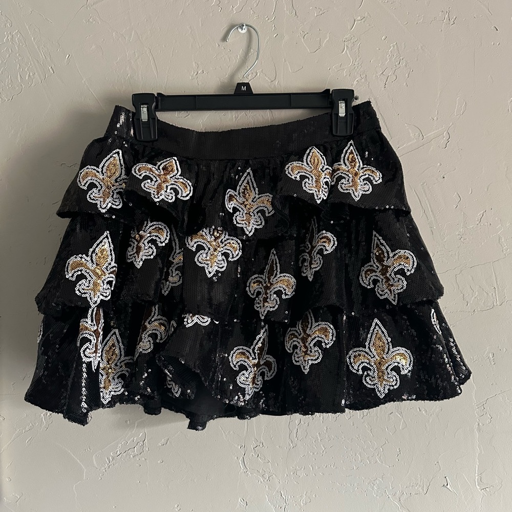 QUEEN OF SPARKLES Black and Gold Fleur-de-Lis Mini Skirt